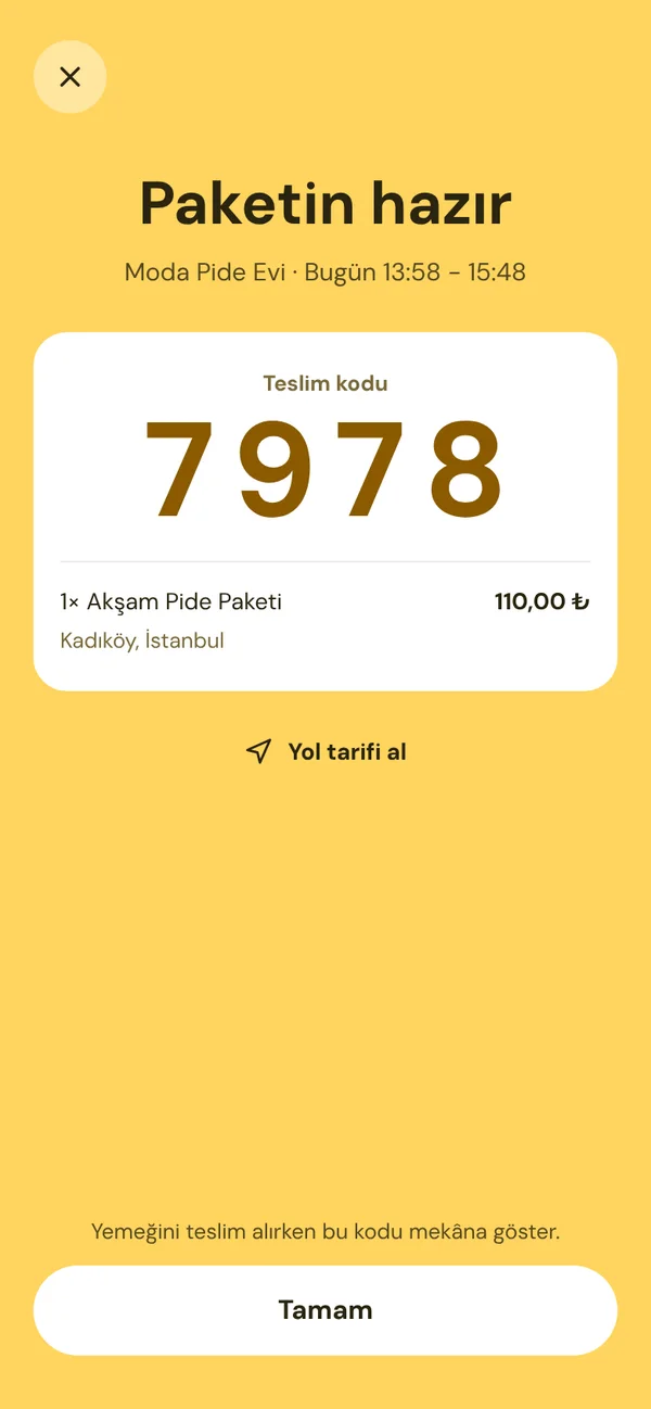 Kırıntı uygulaması: teslim kodu ekranı
