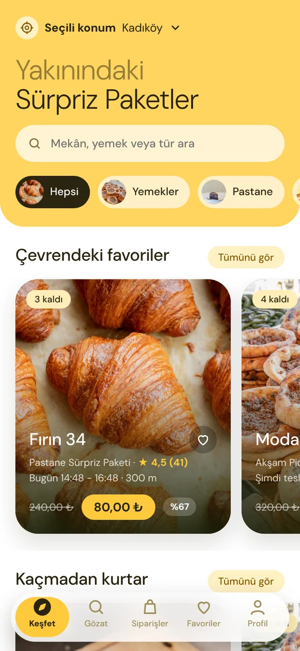 Kırıntı uygulaması: Keşfet ekranı, yakındaki paketler